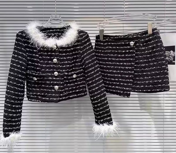 Women B&W Feather Button Up Blazer Two Piece Tweed Skirt Set