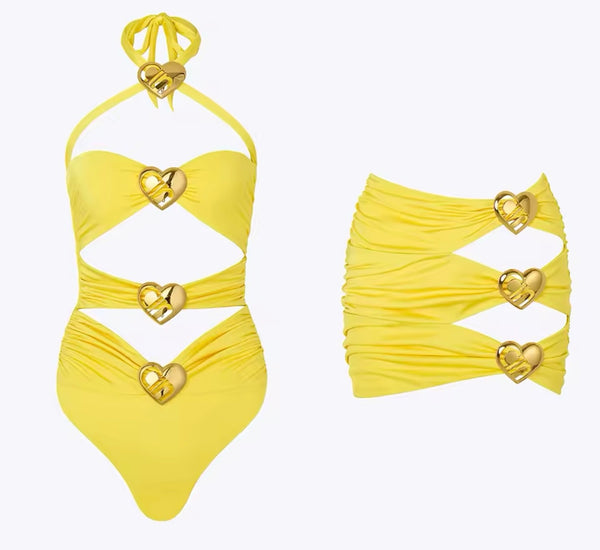 Women Sexy Halter Heart Cut Out Swimsuit Cover Up Set