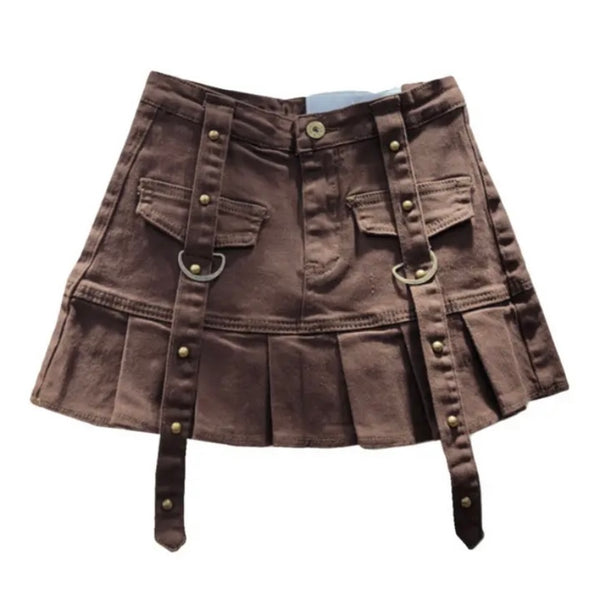 Women Fashion Buckled Pleated Denim Skirt