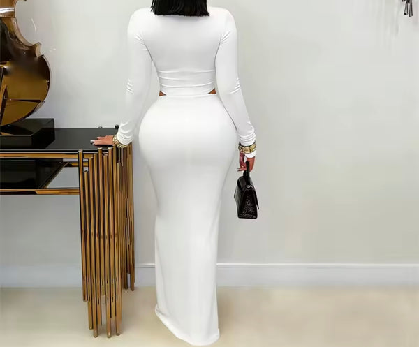 Women Sexy V-Neck Full Sleeve Metal Cut Out Maxi Dress