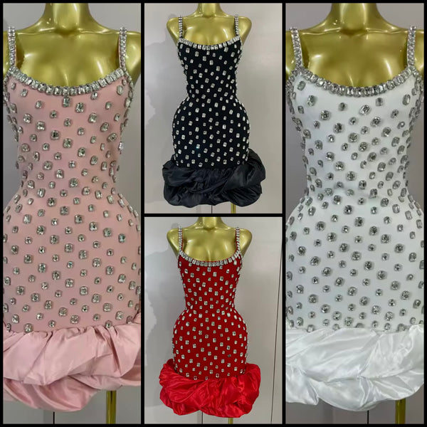 Women Sexy Sleeveless Ruffled Rhinestone Bandage Dress