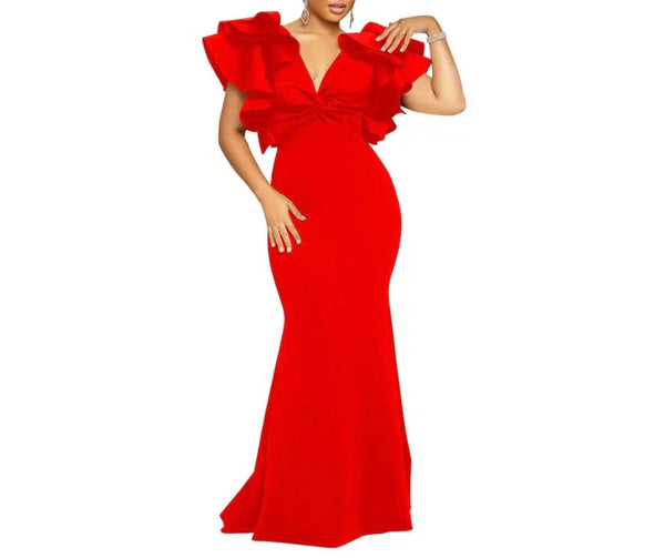 Women Sexy Color Ruffled Short Sleeve Maxi Dress
