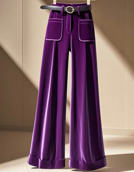 Women Fashion Purple Velvet Wide Leg Pants