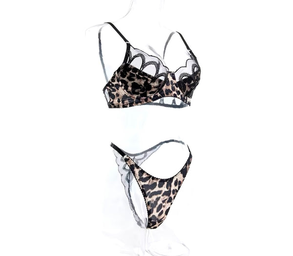 Women Sexy Leopard Print Mesh Thong Lingerie Set