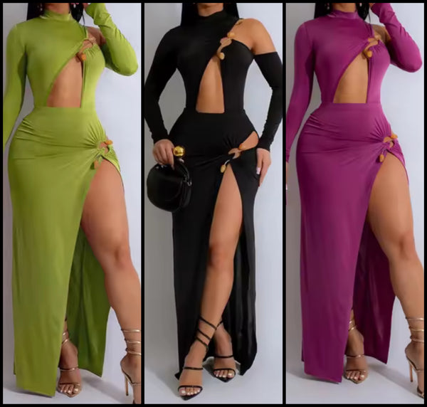 Women Sexy Cut Out Full Sleeve Side Split Maxi Dress