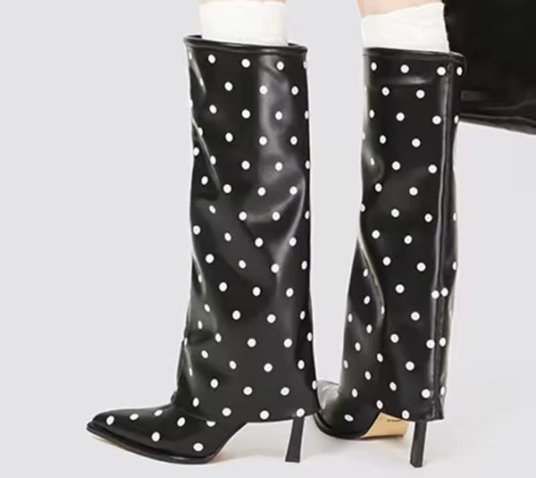 Women Fashion Polka Dot Faux Leather Knee High Boots