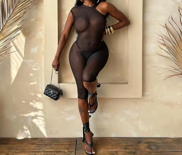 Women Sexy See Through Mesh One Shoulder Sleeveless Romper