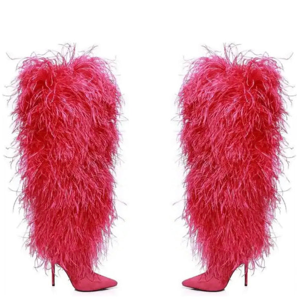 Women Fashion Pink Faux Fur Over The Knee Boots