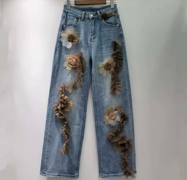 Women Fashion Floral Patchwork Denim Pants
