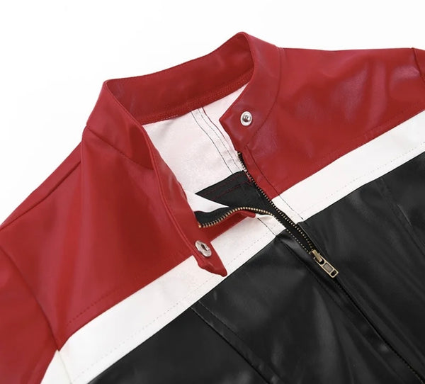 Women Color Patchwork Fashion Faux Leather Crop Jacket