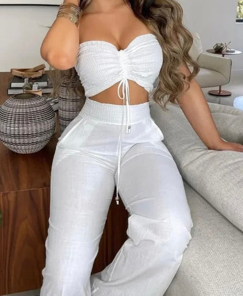 Women White Sexy Strapless Two Piece Pant Set