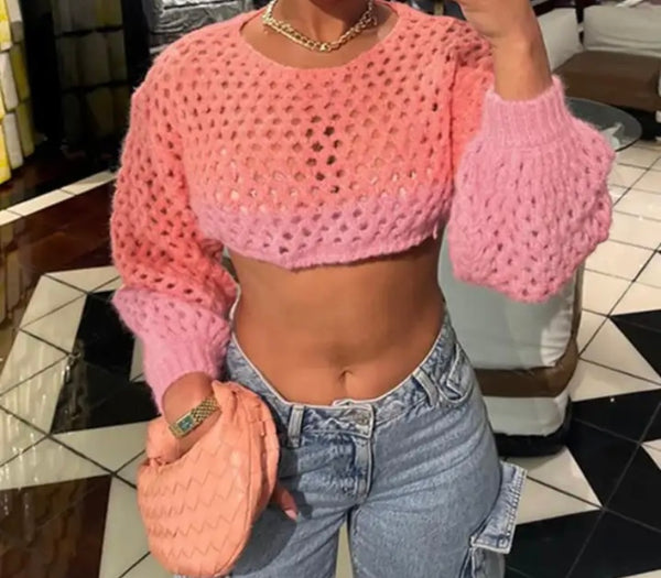 Women Knitted Color Patchwork Full Sleeve Fashion Crop Top