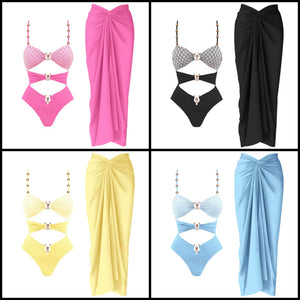 Women Sexy Color Printed Metal Cut Out Swimsuit Cover Up Set