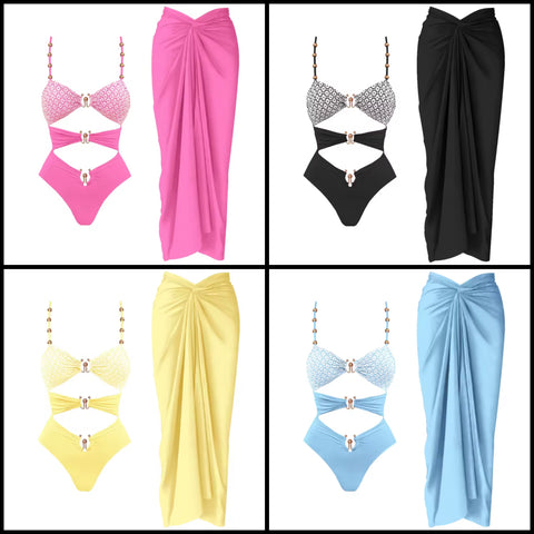 Women Sexy Color Printed Metal Cut Out Swimsuit Cover Up Set
