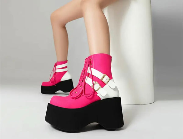 Women Fashion Color Patchwork Buckled Platform Ankle Boots