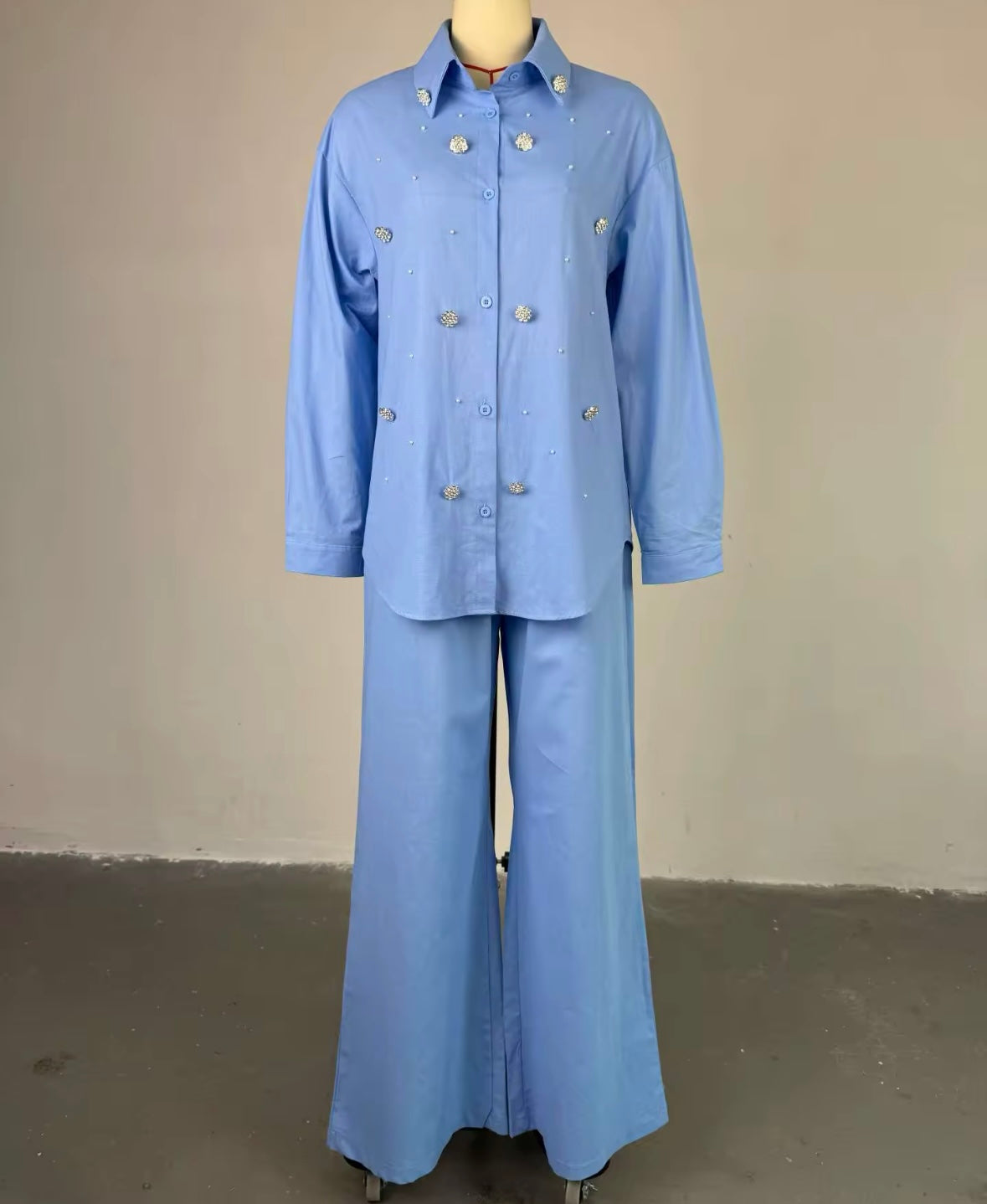 Women Button Up Full Sleeve Beaded Bling Two Piece Pant Set