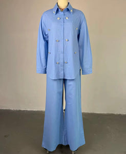 Women Button Up Full Sleeve Beaded Bling Two Piece Pant Set