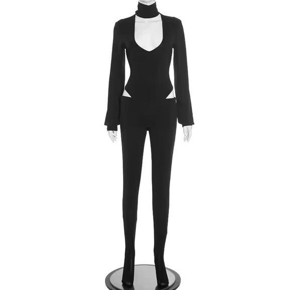 Women Choker Full Sleeve Fashion Bodysuit Two Piece Pant Set