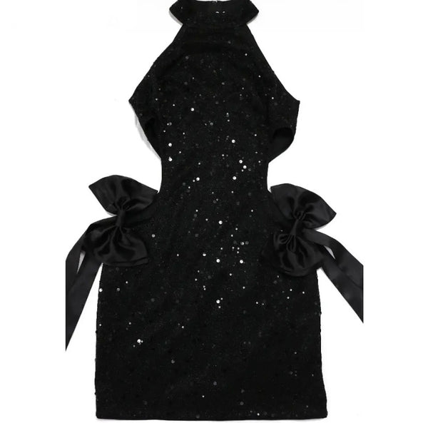 Women Sexy Black Sequins Cut Out Bow Sleeveless Dress