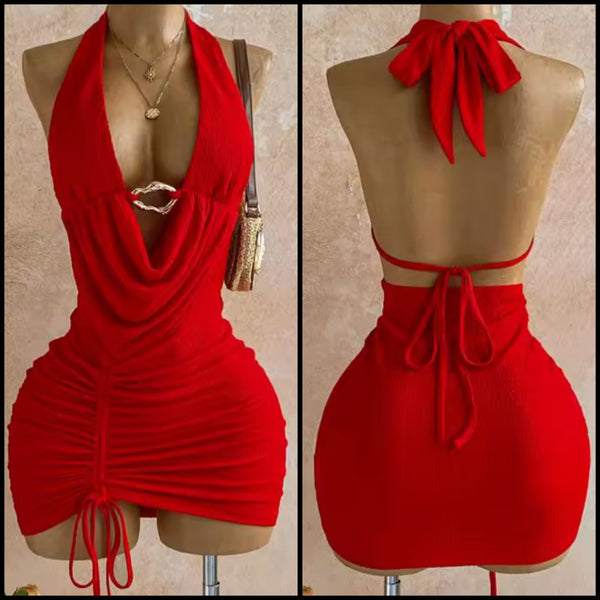 Women Red Halter Sleeveless Sexy Drawstring Dress