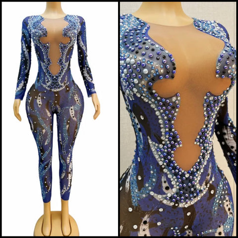 Women Sexy Color Patchwork Beaded Bling Full Sleeve Jumpsuit