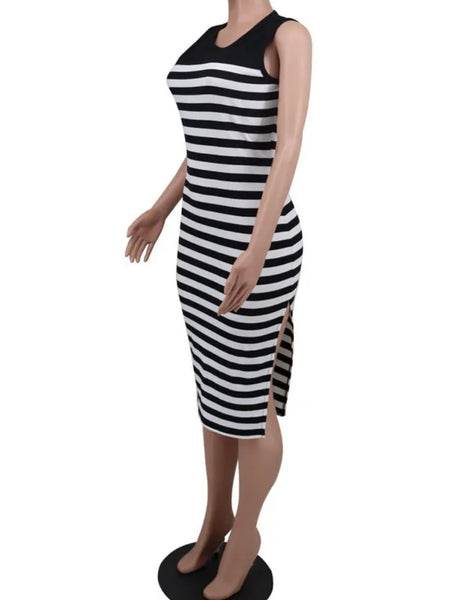 Women Sexy Sleeveless B&W Striped Side Split Dress