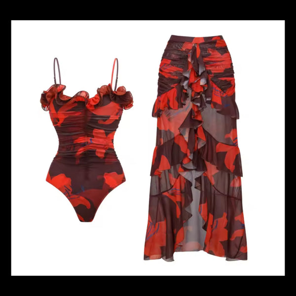 Women Ruffled Floral Swimsuit Cover Up Set