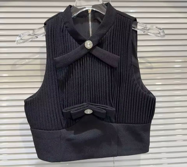 Women Bow Sleeveless Ribbed Two Piece Skirt Set