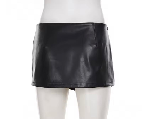 Women Black Silver Button Faux Leather Fashion Skirt