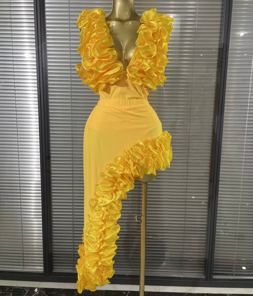Women Sexy Ruffle Sleeveless Bodysuit Two Piece Asymmetrical Skirt Set