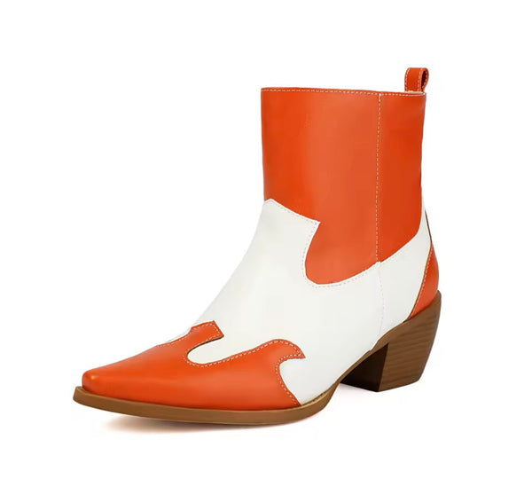 Women Color Patchwork Fashion Faux Leather Western Ankle Boots