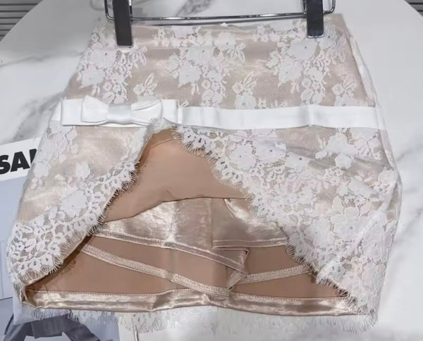 Women Button Up Lace Bow Short Sleeve Two Piece Skirt Set