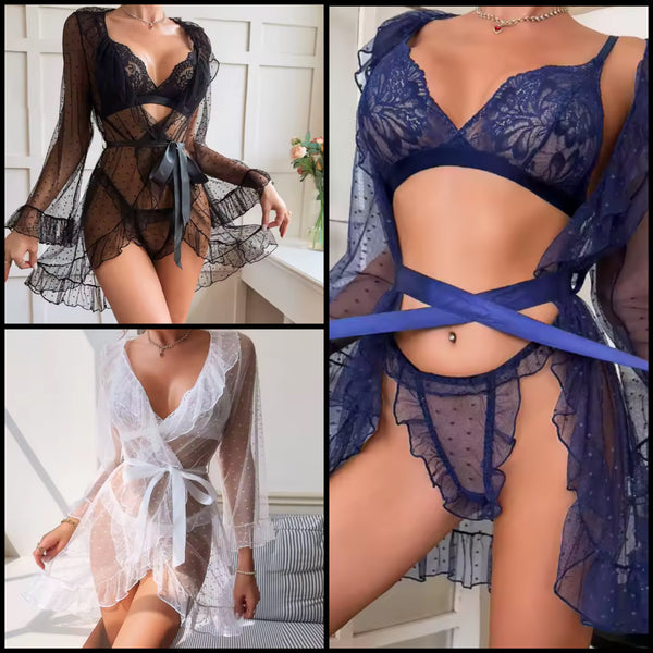 Women Sexy Lace Mesh Robe Lingerie Set