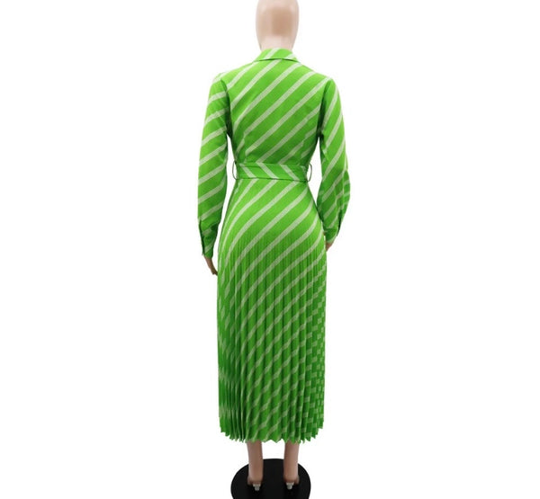 Women Full Sleeve Striped Pleated Maxi Dress