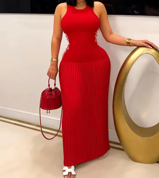 Women Sexy Sleeveless Side Striped Pleated Maxi Dress