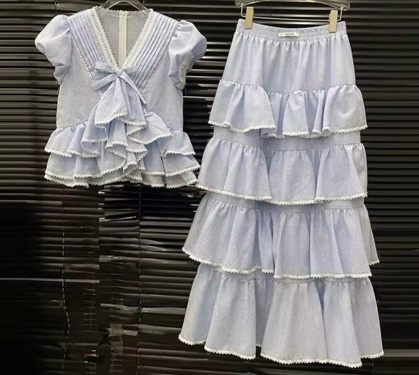 Women Sexy Blue Bow Ruffle Short Sleeve Two Piece Maxi Skirt Set