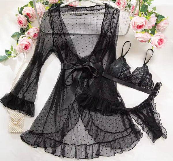 Women Sexy Lace Mesh Robe Lingerie Set
