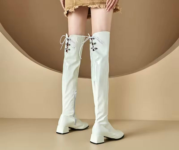 Women Patent Leather Back Tie Up Flat Knee High Boots