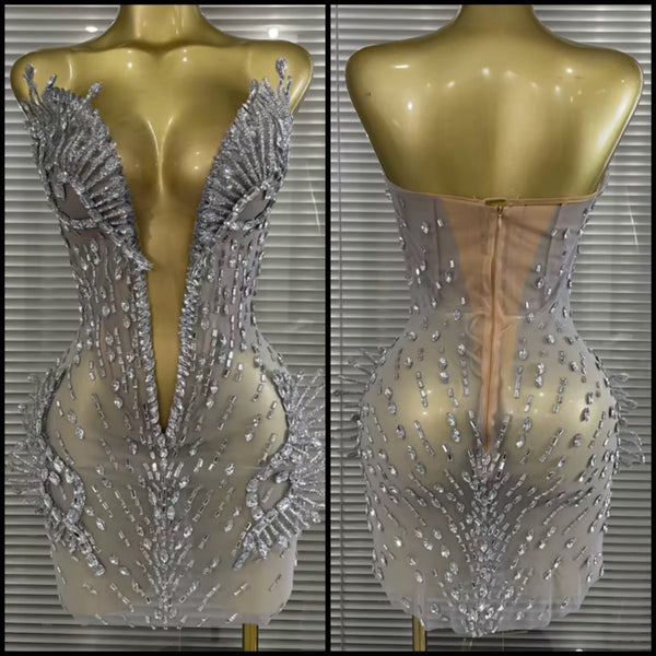Women Sexy Strapless Silver Rhinestone Mesh Dress