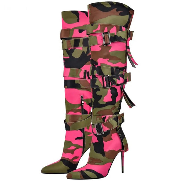 Women Fashion Camouflage Buckled Knee High Boots