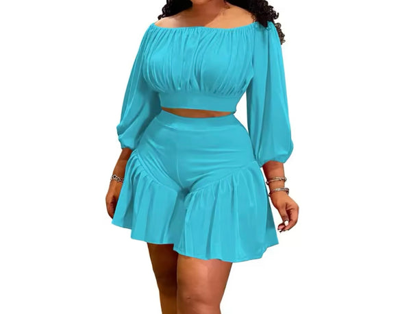 Women Solid Color Off The Shoulder Two Piece Short Set