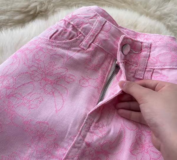 Women Fashion Color Floral Print Denim Wrap Pants