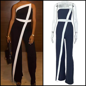 Women Sexy Strapless B&W Asymmetrical Jumpsuit