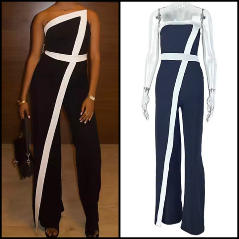 Women Sexy Strapless B&W Asymmetrical Jumpsuit