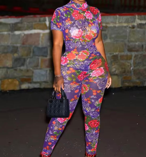 Women Sexy Colorful Floral Mesh Short Sleeve Jumpsuit