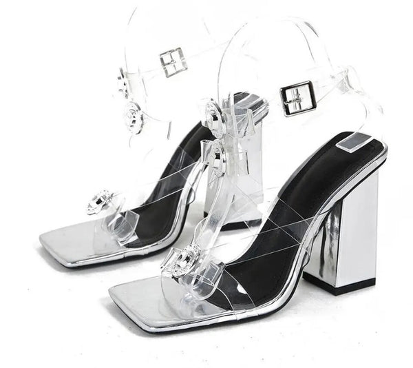 Women Open Toe Transparent Buckled Square Heel Sandals