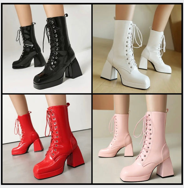 Women Fashion Lace Up Patent Leather Ankle Boots