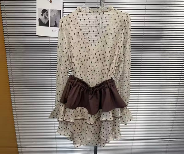 Women Mesh Polka Dot Ruffle Full Sleeve Two Piece Skirt Set