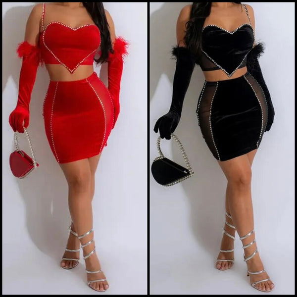 Women Sexy Sleeveless Heart Bling Patchwork Glove Two Piece Skirt Set