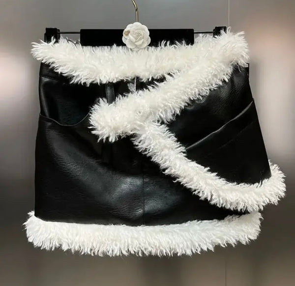 Women Fashion B&W Faux Fur/Leather Wrap Skirt